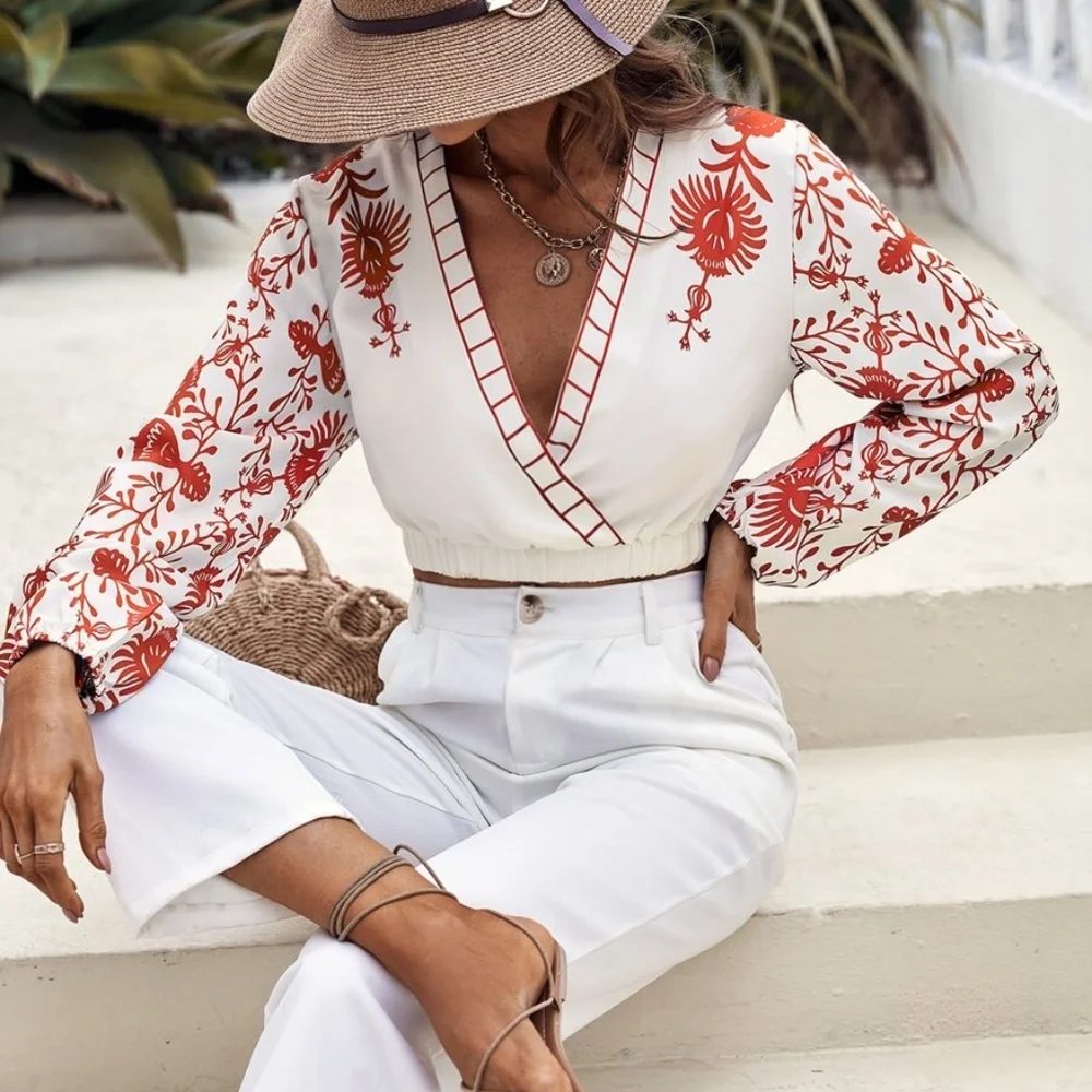 Boho Floral Red Print Surplice Cropped Top - Picture 8 of 9